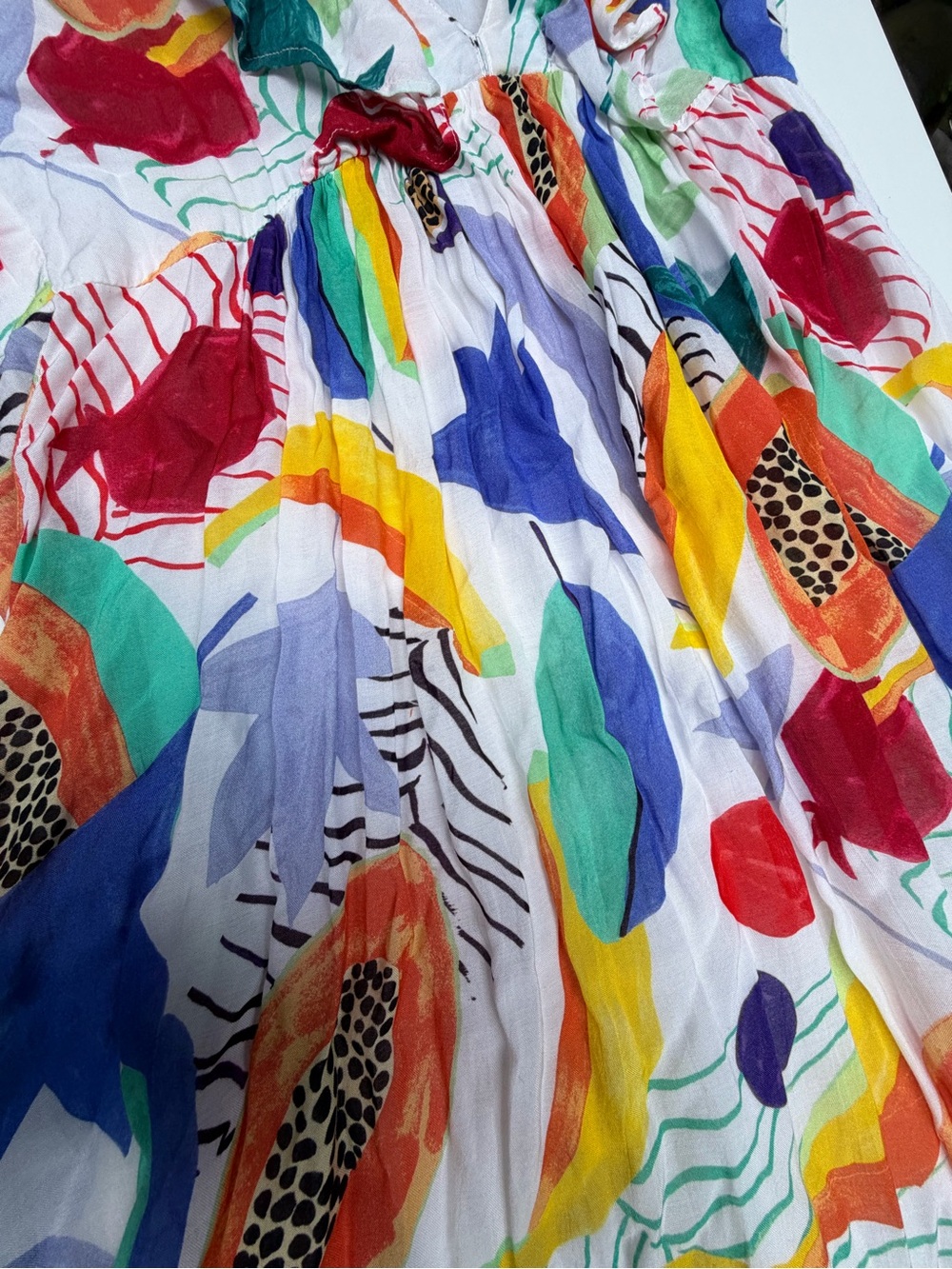 Oliphant SML Tropical Fruit Print Ruffle V Neck Maxi Dress Resort Boho Vacation - Picture 7 of 8